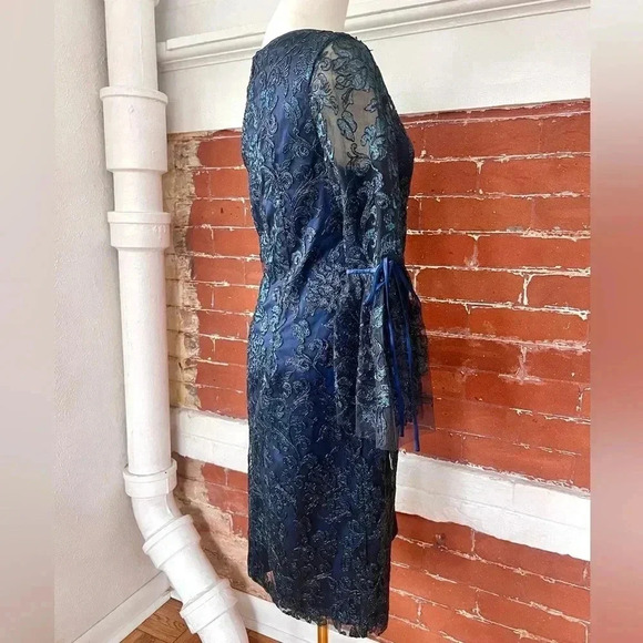 Theia Blue Party Dresss with Metallic Embroidered Black Net Overlay Bell Sleeve - Picture 4 of 13